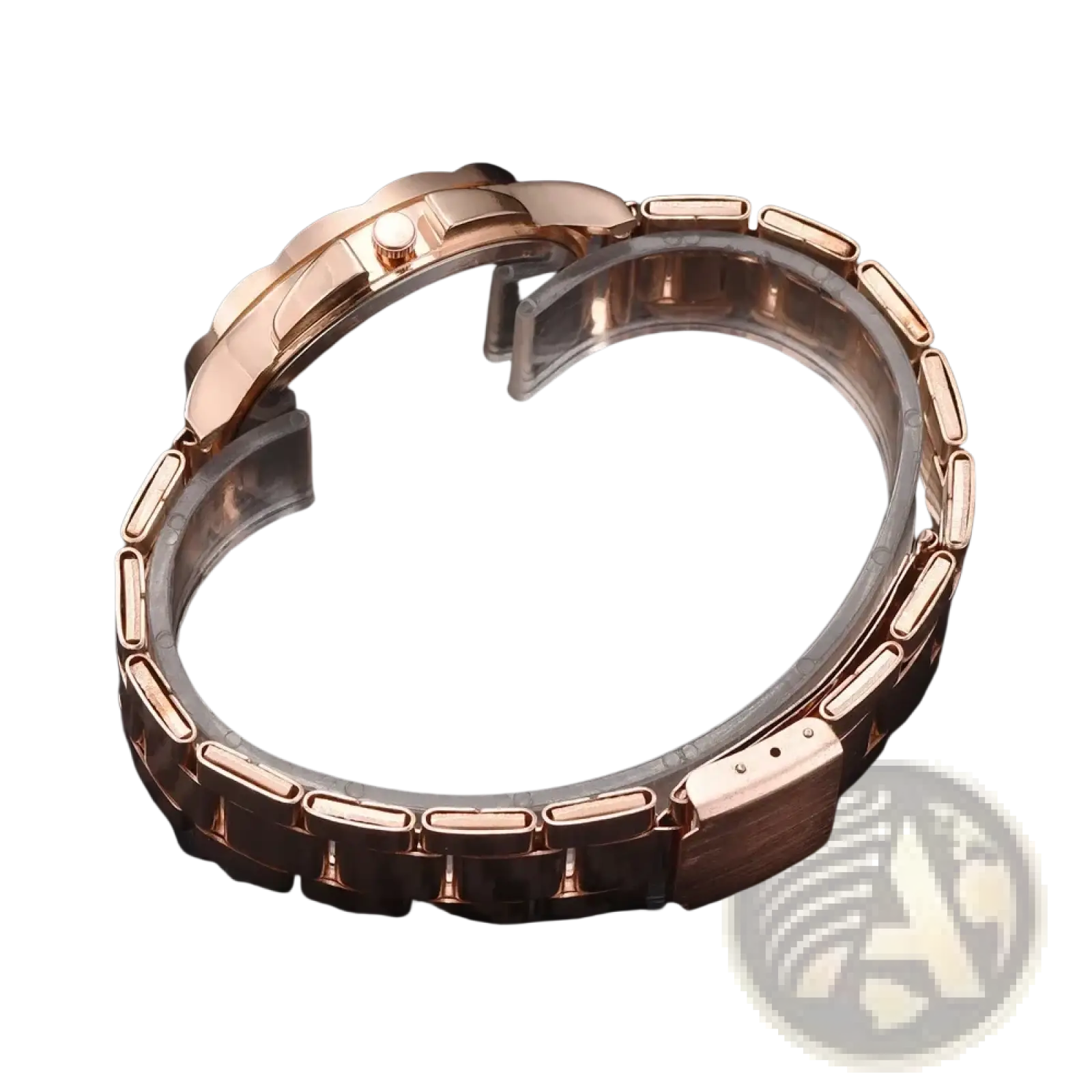Rose gold women luxury quartz wristwatch with rose gold-toned stainless steel band and polished interlocking links
