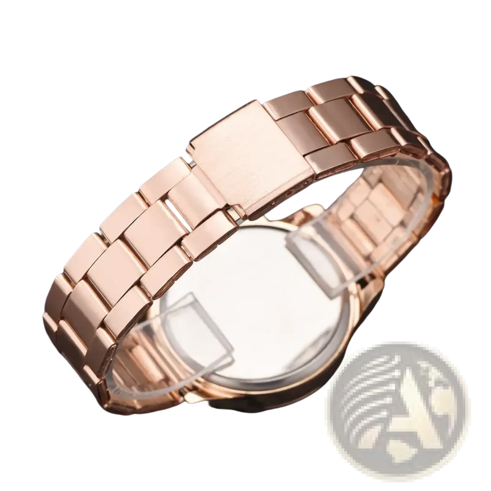 Rose gold women luxury quartz wristwatch with a rose gold-toned stainless steel band and sleek interlocking link design