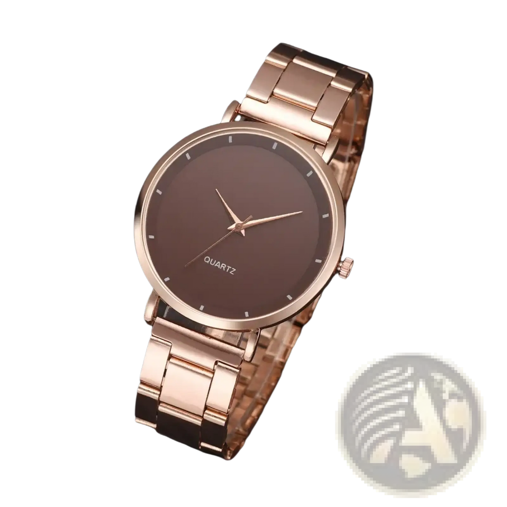 Rose gold women luxury quartz wristwatch with dark brown dial and matching metal bracelet for business use