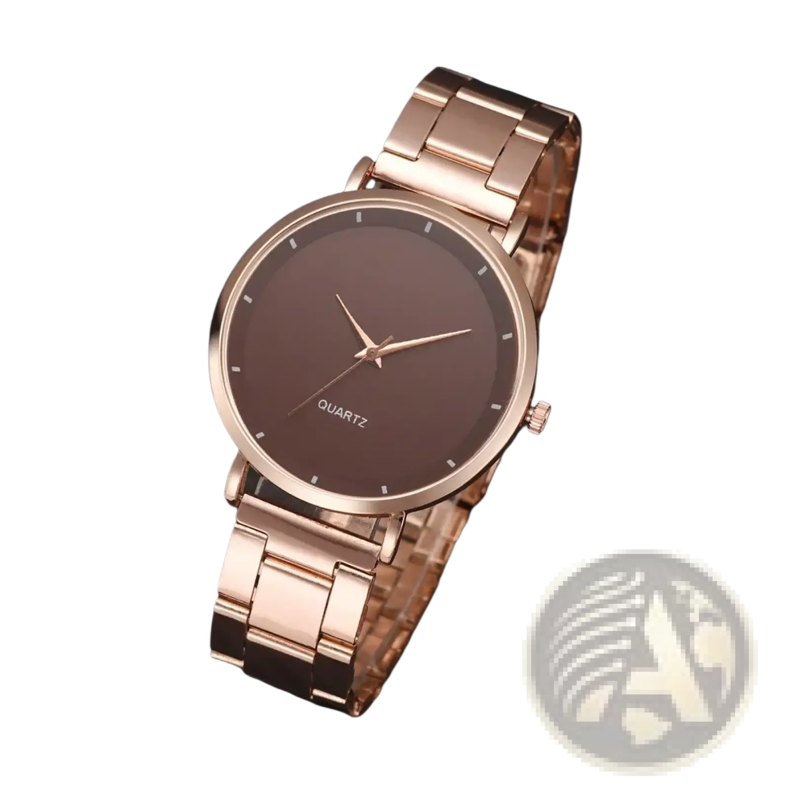 Rose gold women luxury quartz wristwatch with dark brown dial and matching metal bracelet for business use