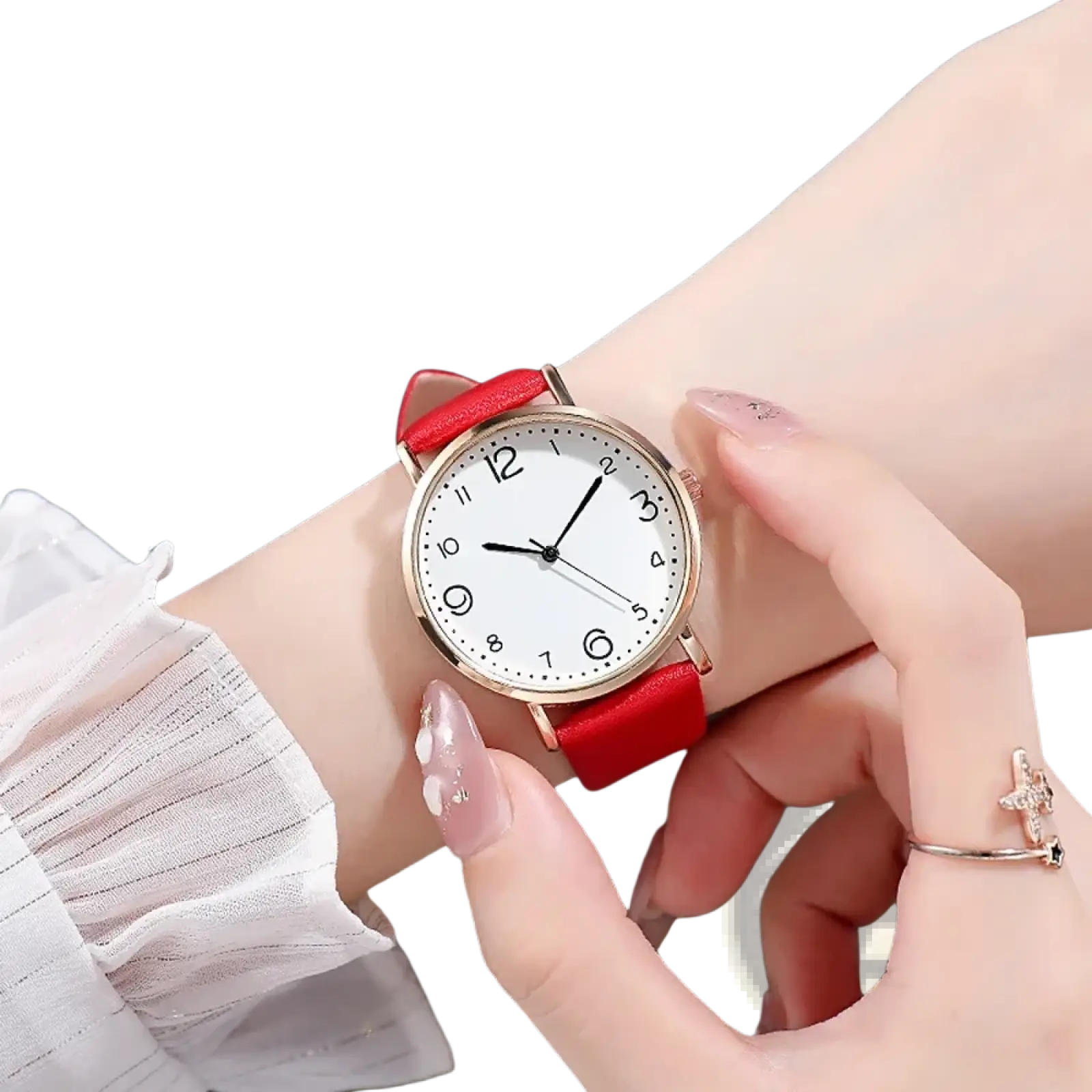 A rose gold women quartz watch with a delicate red leather strap and white dial in a gold-tone case