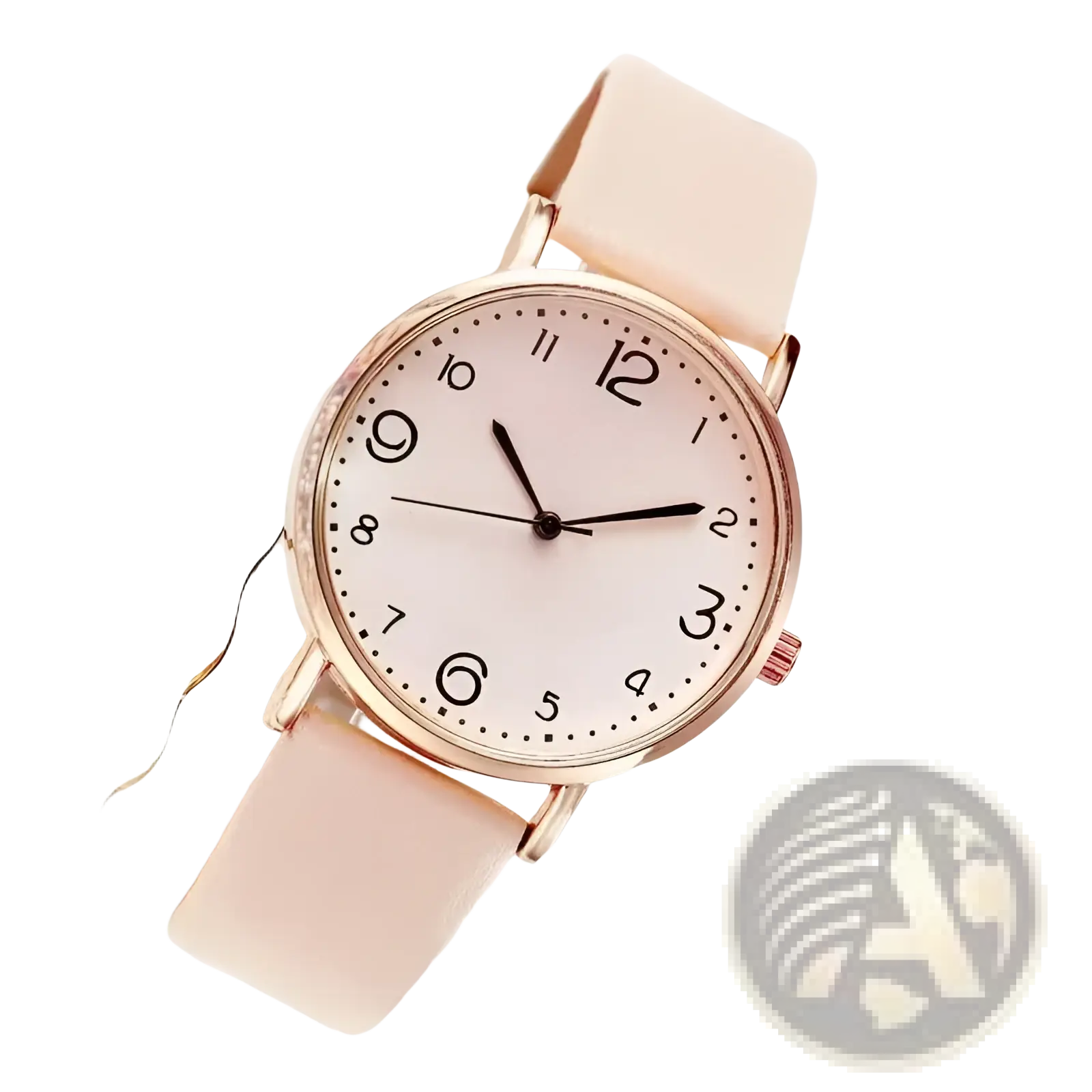 Rose gold women quartz watch with blush pink leather strap and minimalist black numerals on pale face