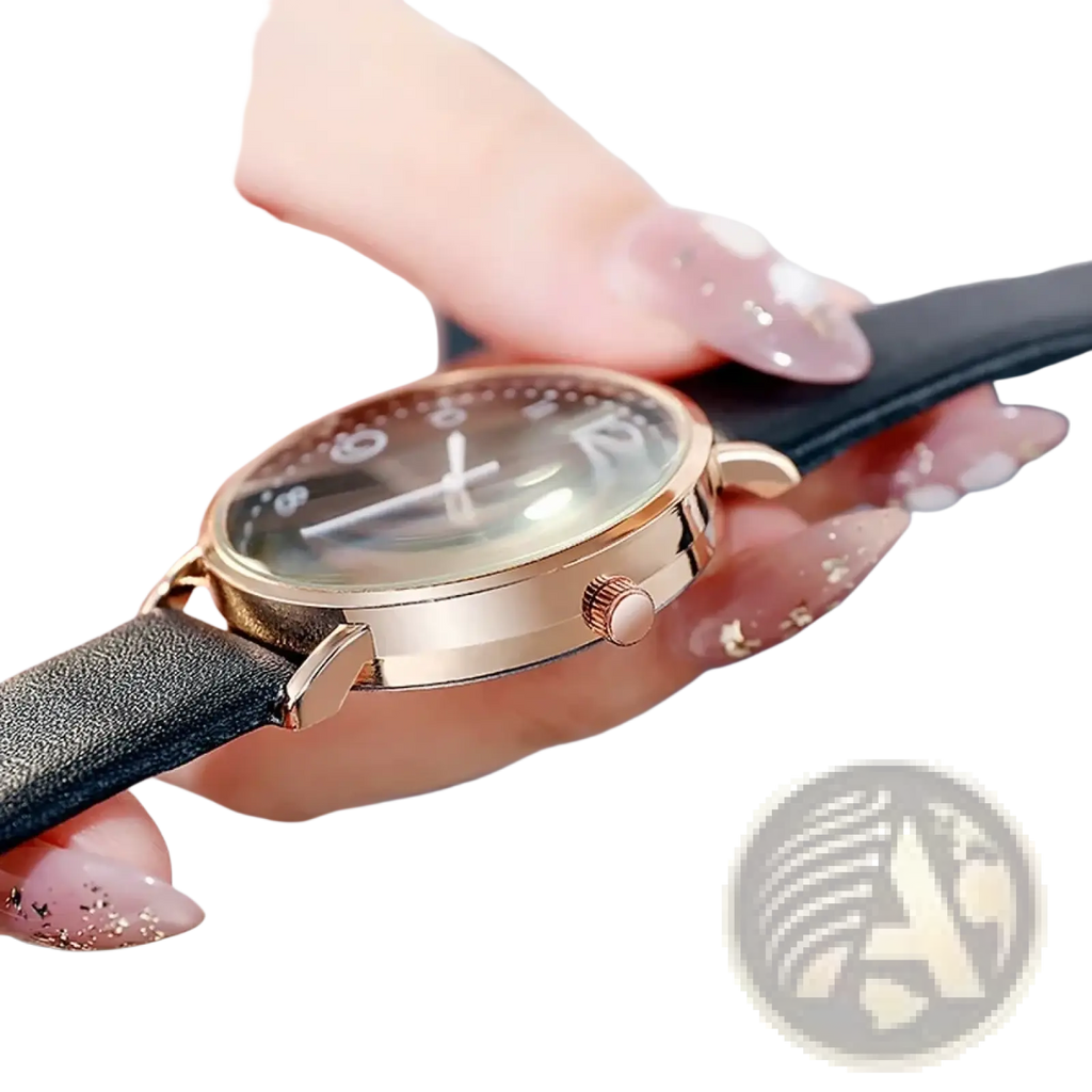 Rose gold women quartz watch with a rose gold case and black leather strap in a minimalist round design