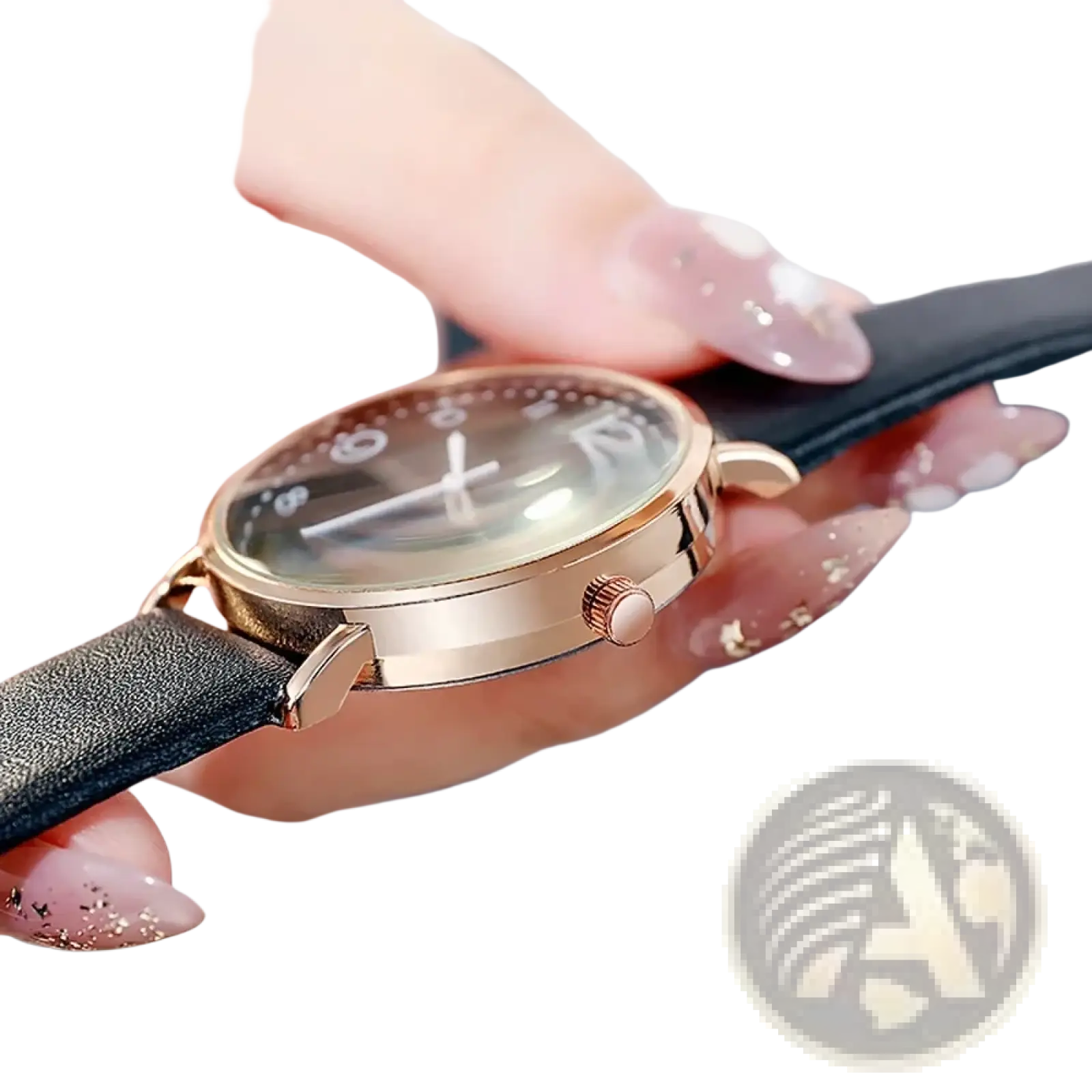 Rose gold women quartz watch with a rose gold case and black leather strap in a minimalist round design