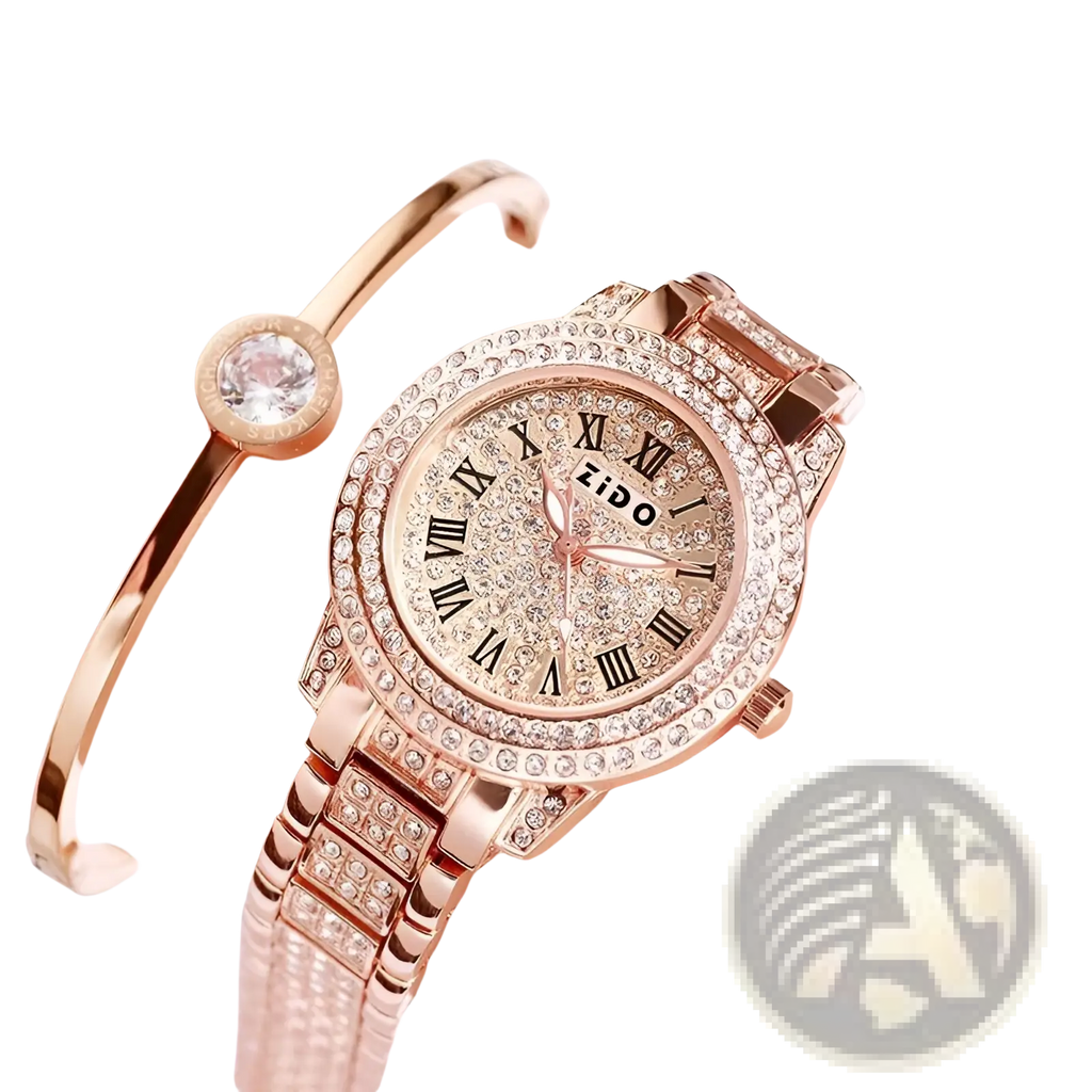 Rose gold zido women’s quartz watch with diamond-studded face and bracelet for elegant timekeeping