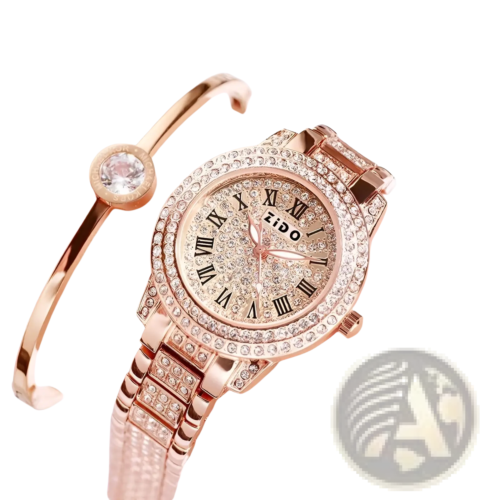Rose gold zido women’s quartz watch with diamond-studded face and bracelet for elegant timekeeping