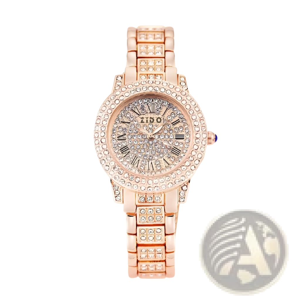 Rose gold zido women’s quartz watch with diamond encrusted face and band featuring roman numeral markers