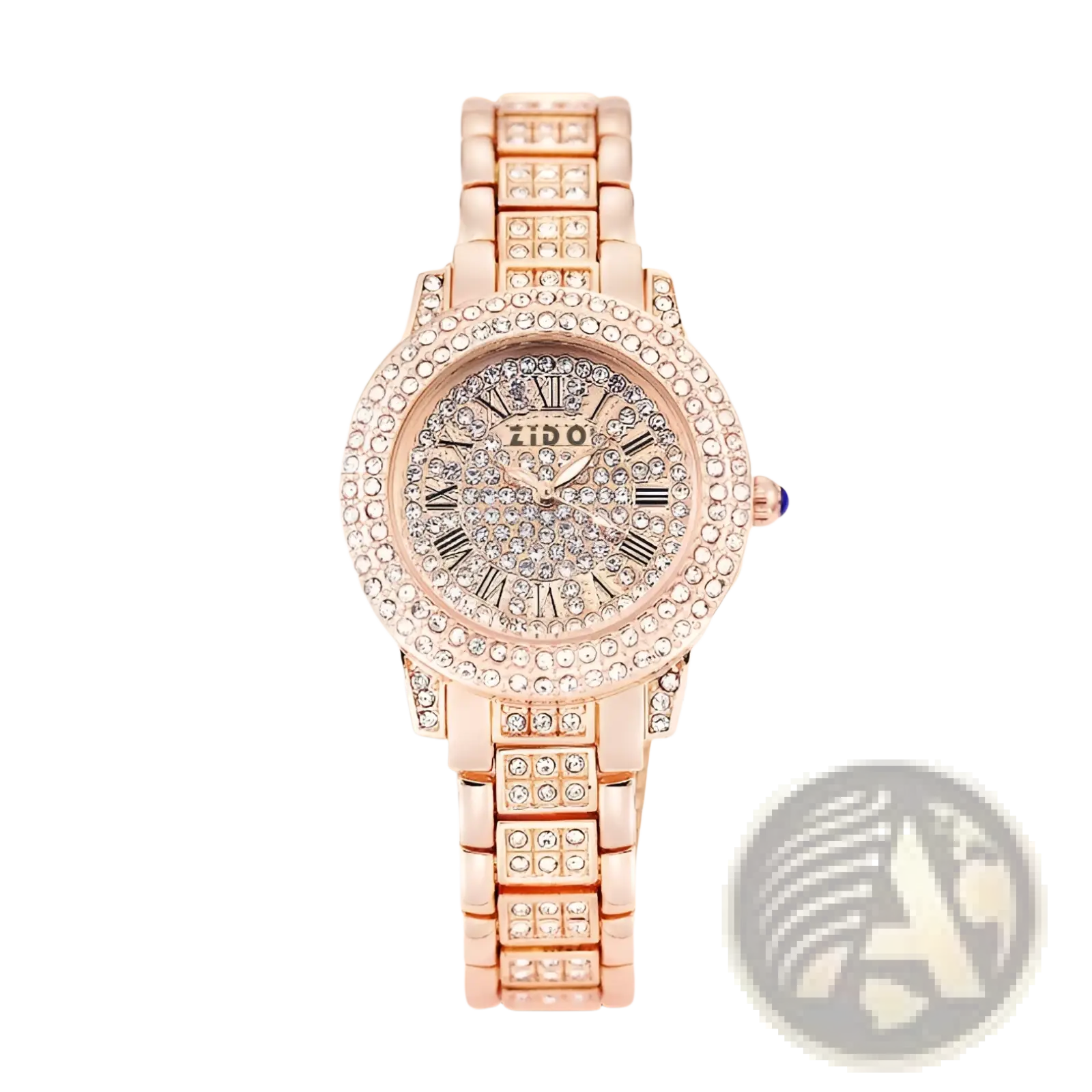 Rose gold zido women’s quartz watch with diamond encrusted face and band featuring roman numeral markers