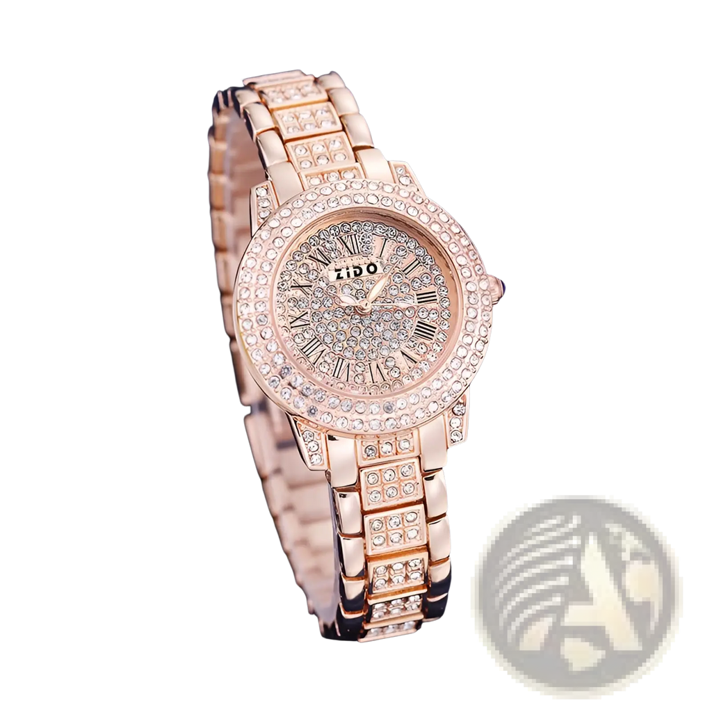 Rose gold zido women’s quartz watch with a diamond encrusted face and band made of sparkling rose gold material