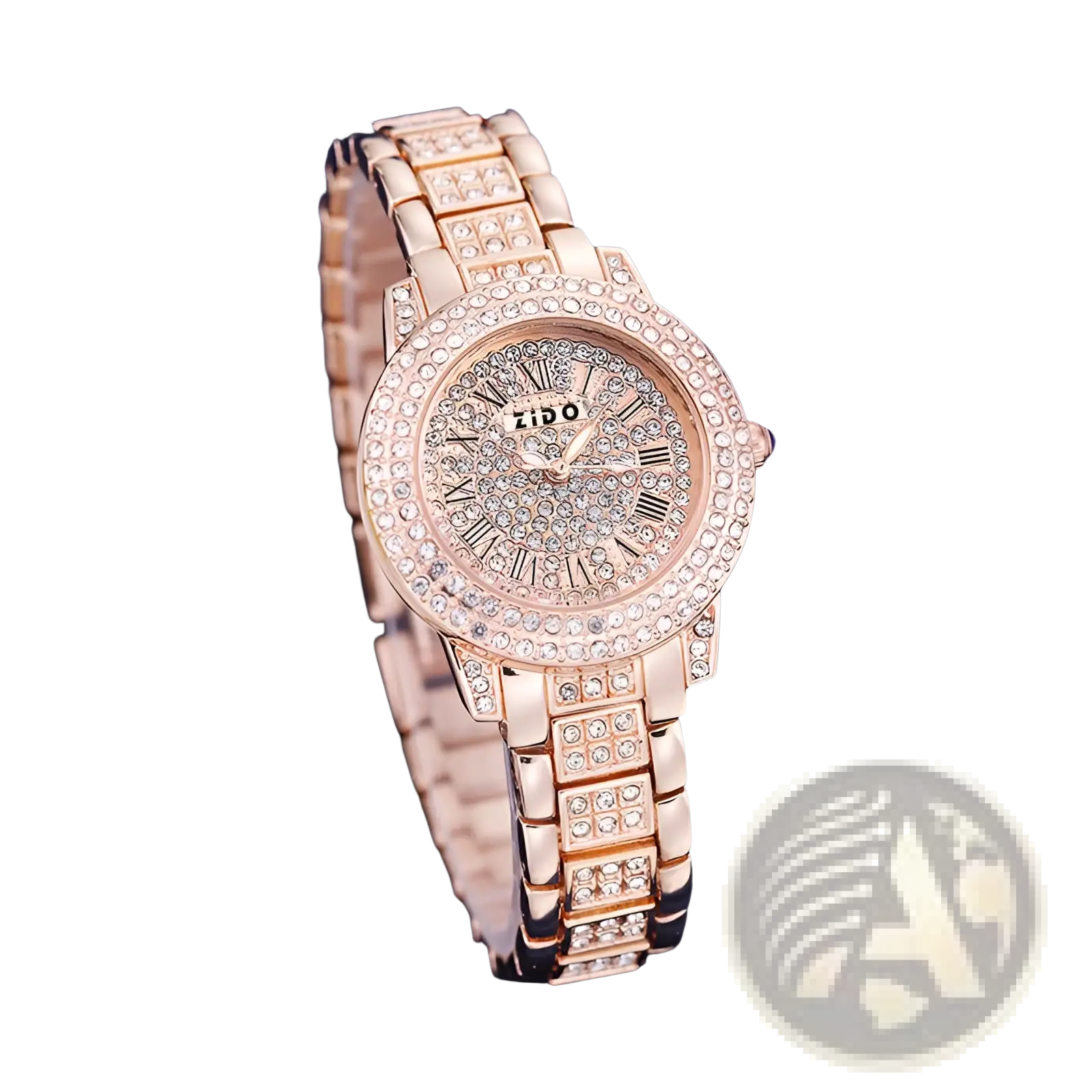 Rose gold zido women’s quartz watch with a diamond encrusted face and band made of sparkling rose gold material
