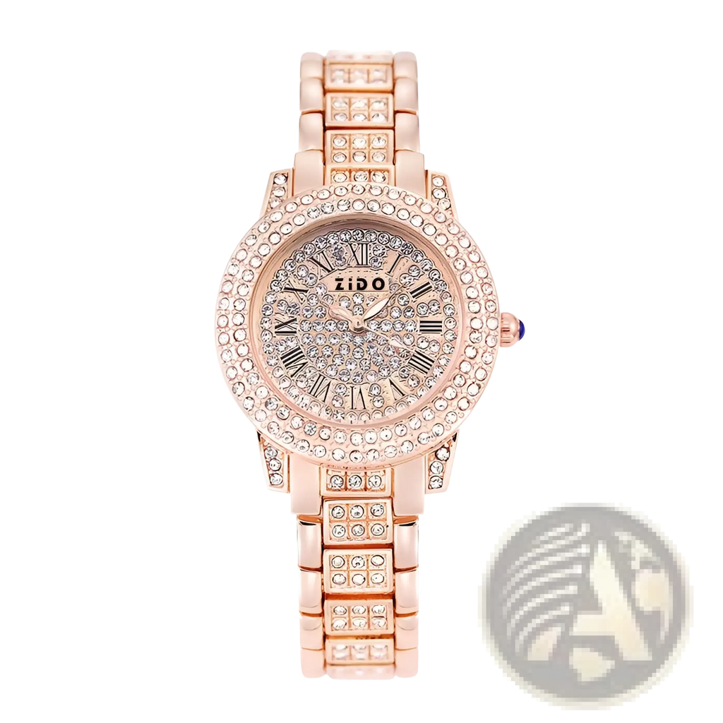 Rose gold Zido women’s quartz watch with a diamond-studded face and bracelet showcasing luxurious elegance