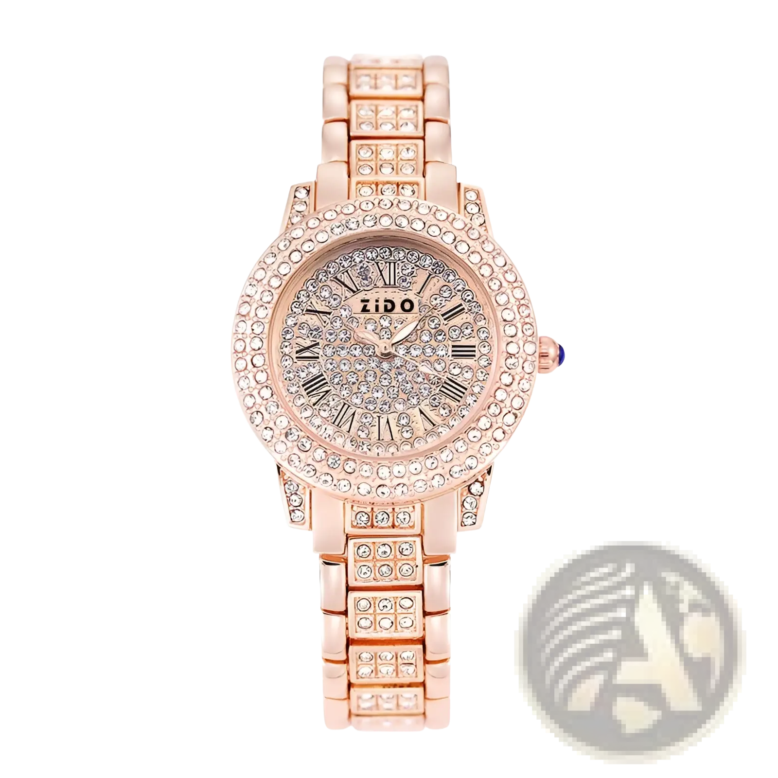 Rose gold Zido women’s quartz watch with a diamond-studded face and bracelet showcasing luxurious elegance