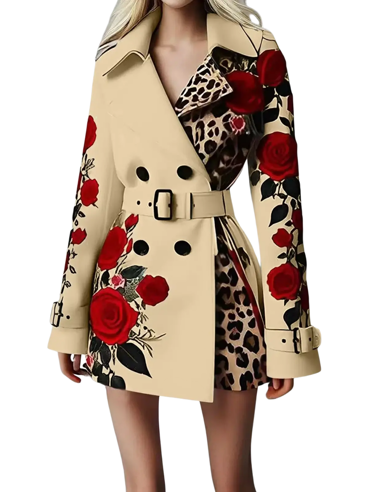 Beige trench coat with bold red rose embroidery and leopard print accents in a belted design for stylish outerwear