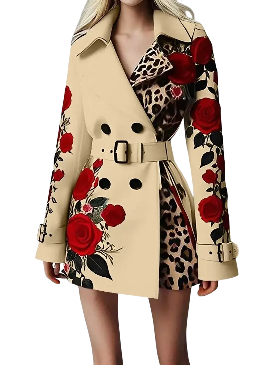 Cream-colored trench coat with bold red rose embroidery and leopard print accents in a belted design