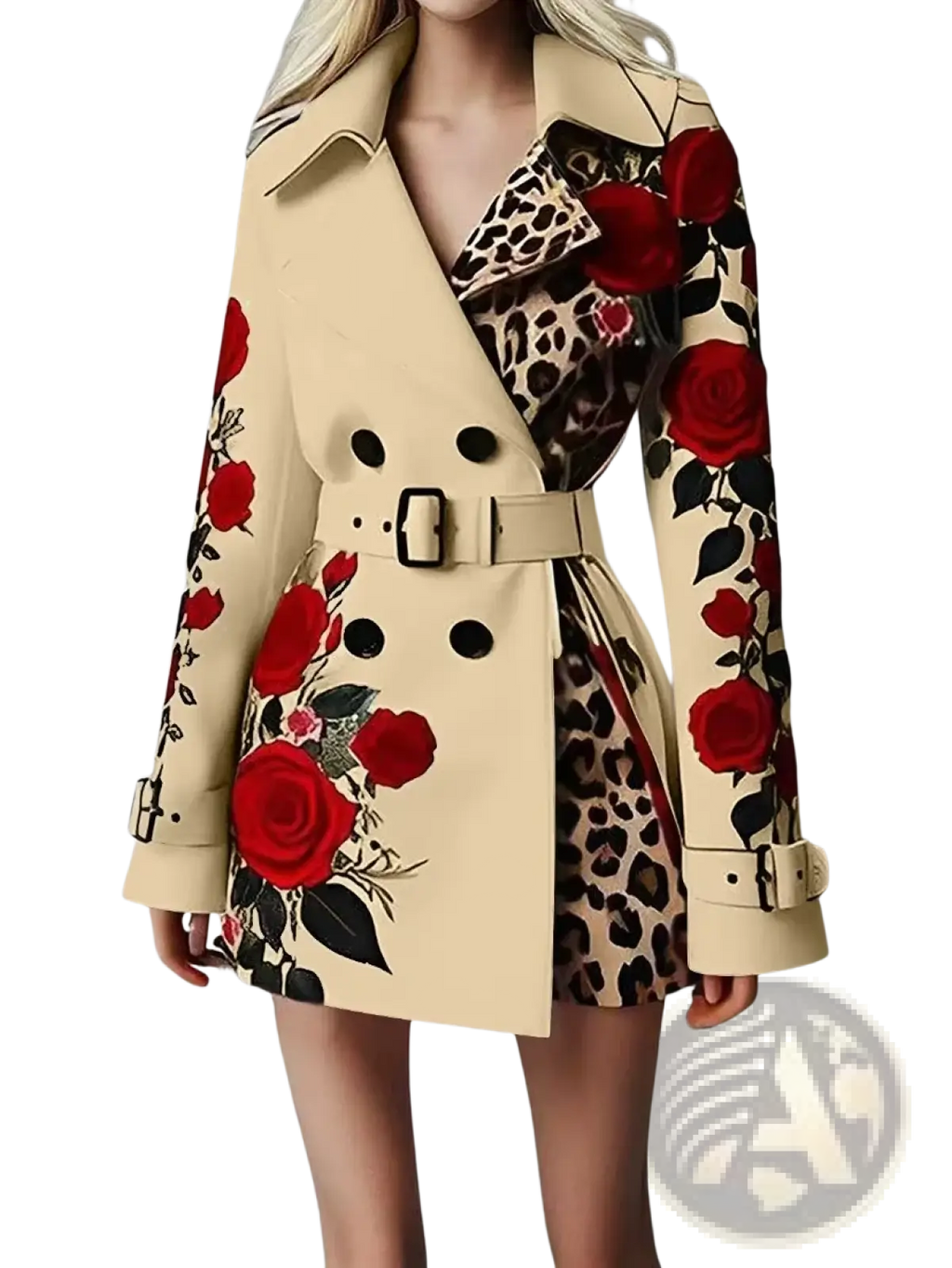 Cream-colored trench coat with bold red rose embroidery and leopard print accents in a belted design