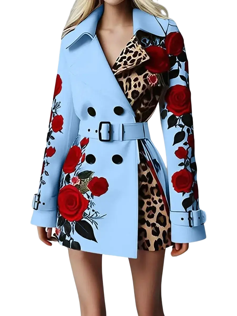 Light blue trench coat with bold red rose embroidery and contrasting leopard print inner lining front view