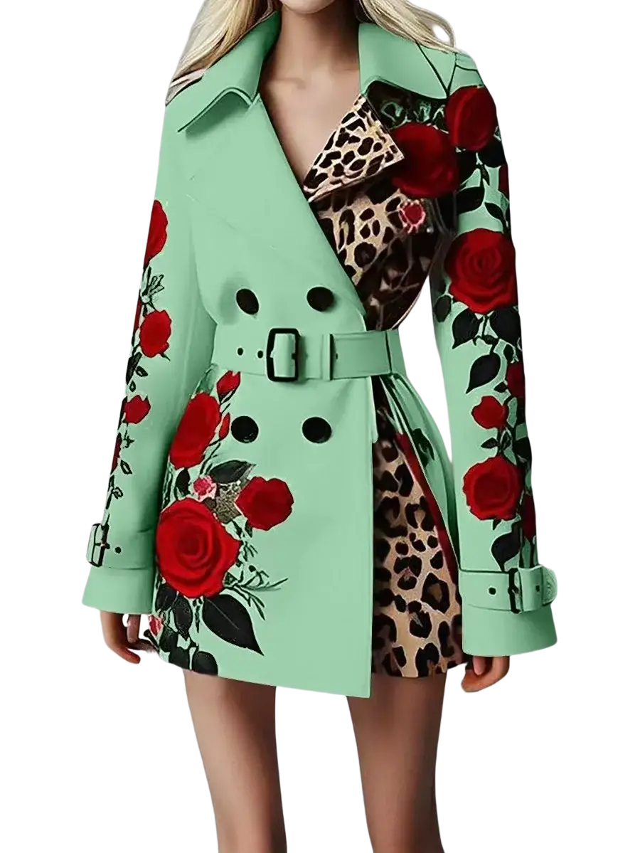 Mint green belted trench coat featuring bold red rose and leopard print accents for stylish outerwear
