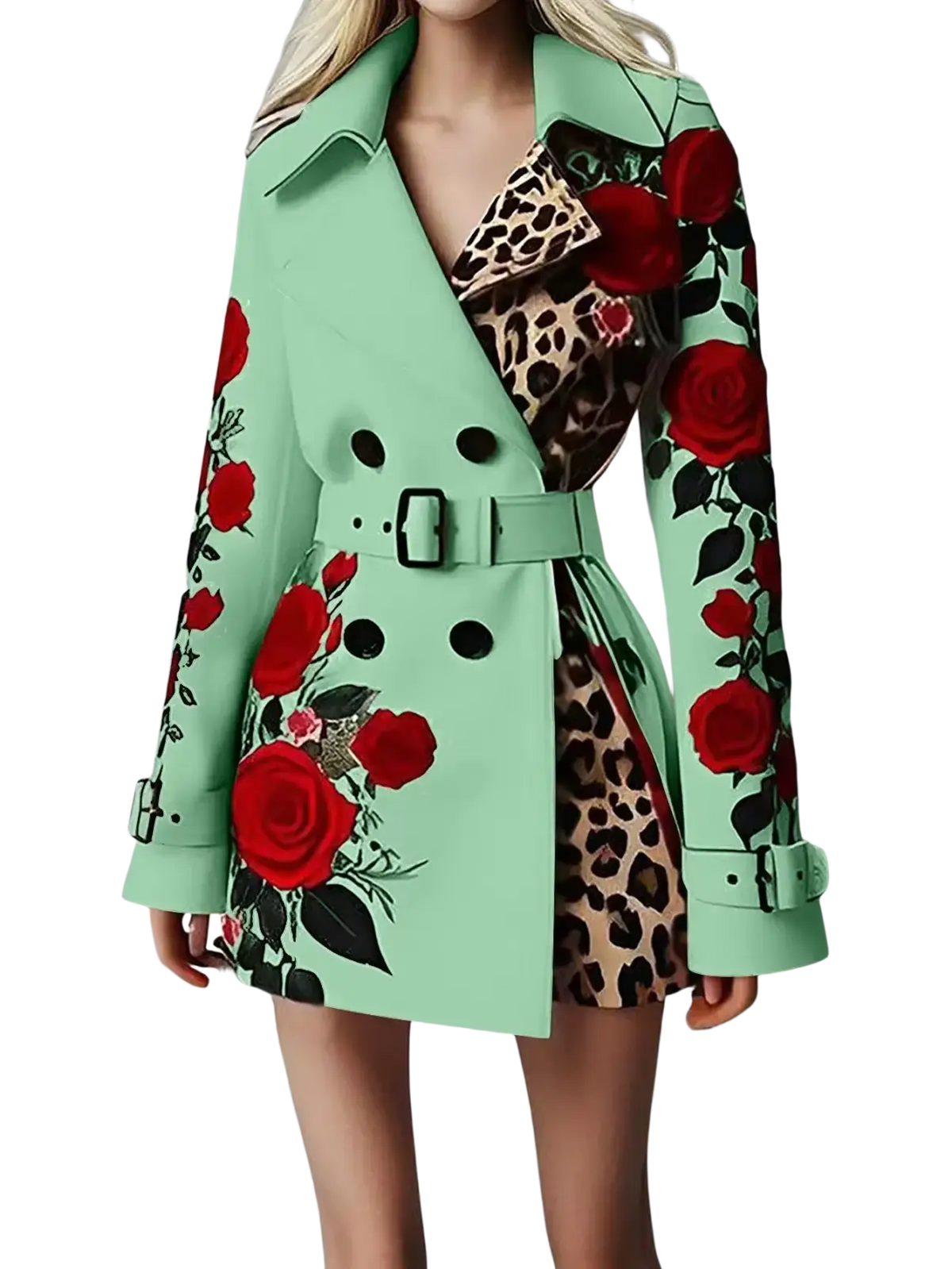 Mint green rose leopard print belted trench coat with bold red embroidery and leopard print lining visible