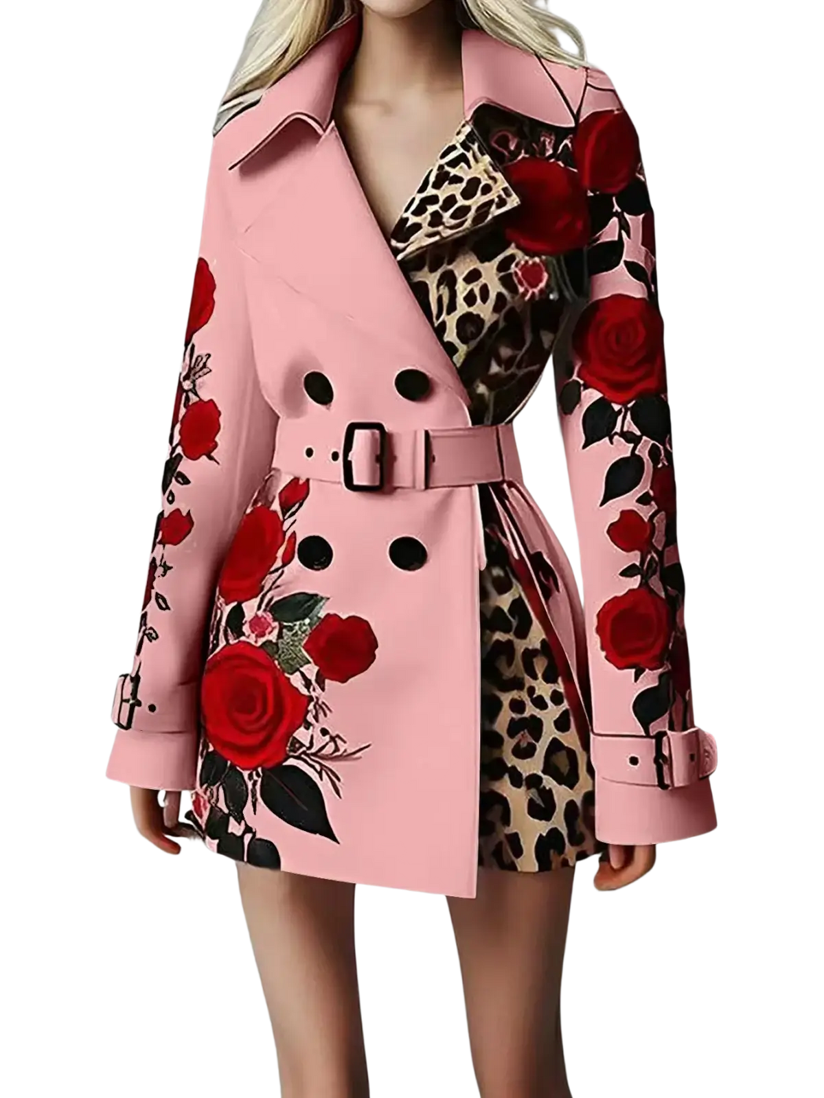 Pink trench coat with bold red rose embroidery and leopard print lining shown from the back side
