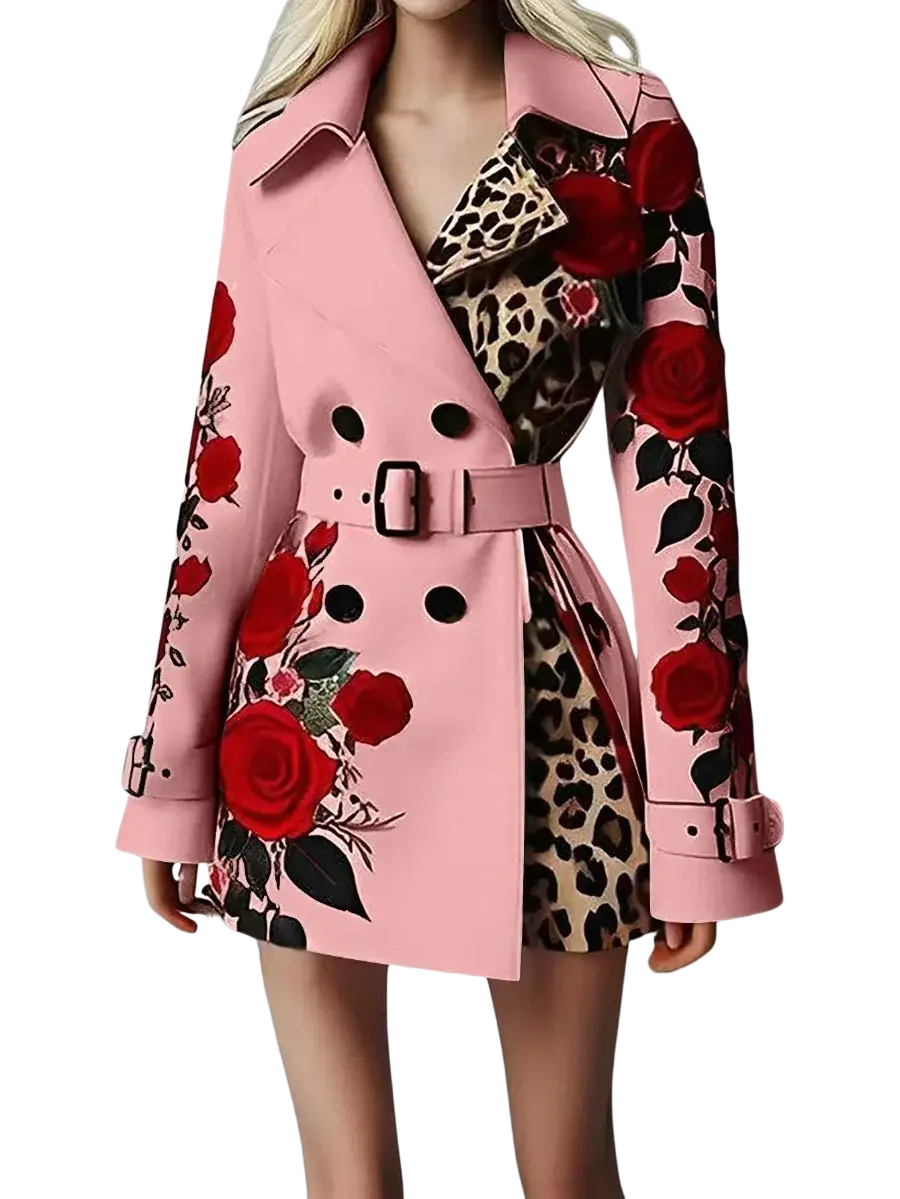 Pink trench coat with bold red rose embroidery and leopard print accents featuring black buttons and matching belt