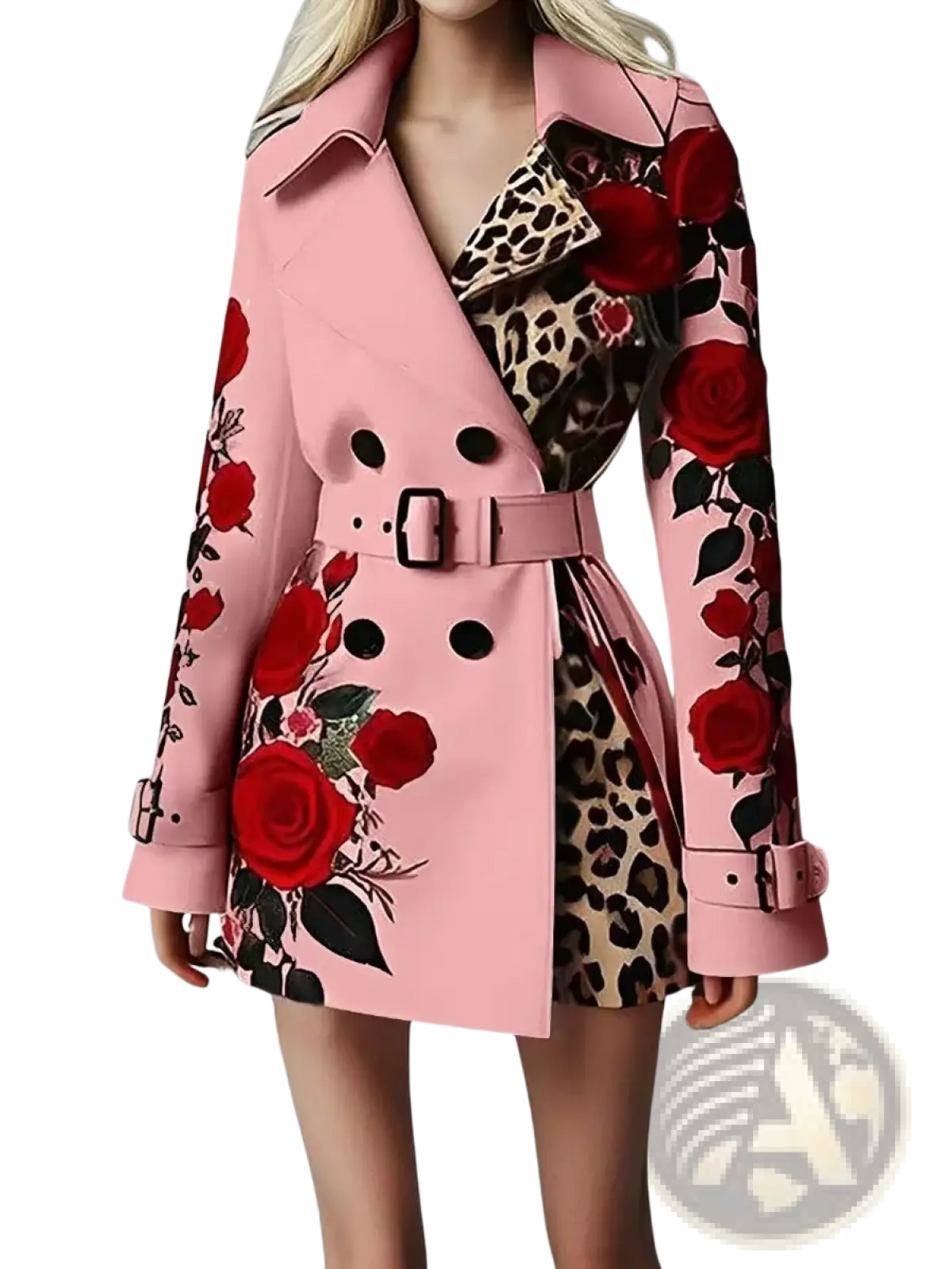 Pink trench coat with bold red rose embroidery and leopard print accents featuring black buttons and matching belt