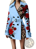 Light blue trench coat with bold red rose embroidery and contrasting leopard print belt panel at the waist