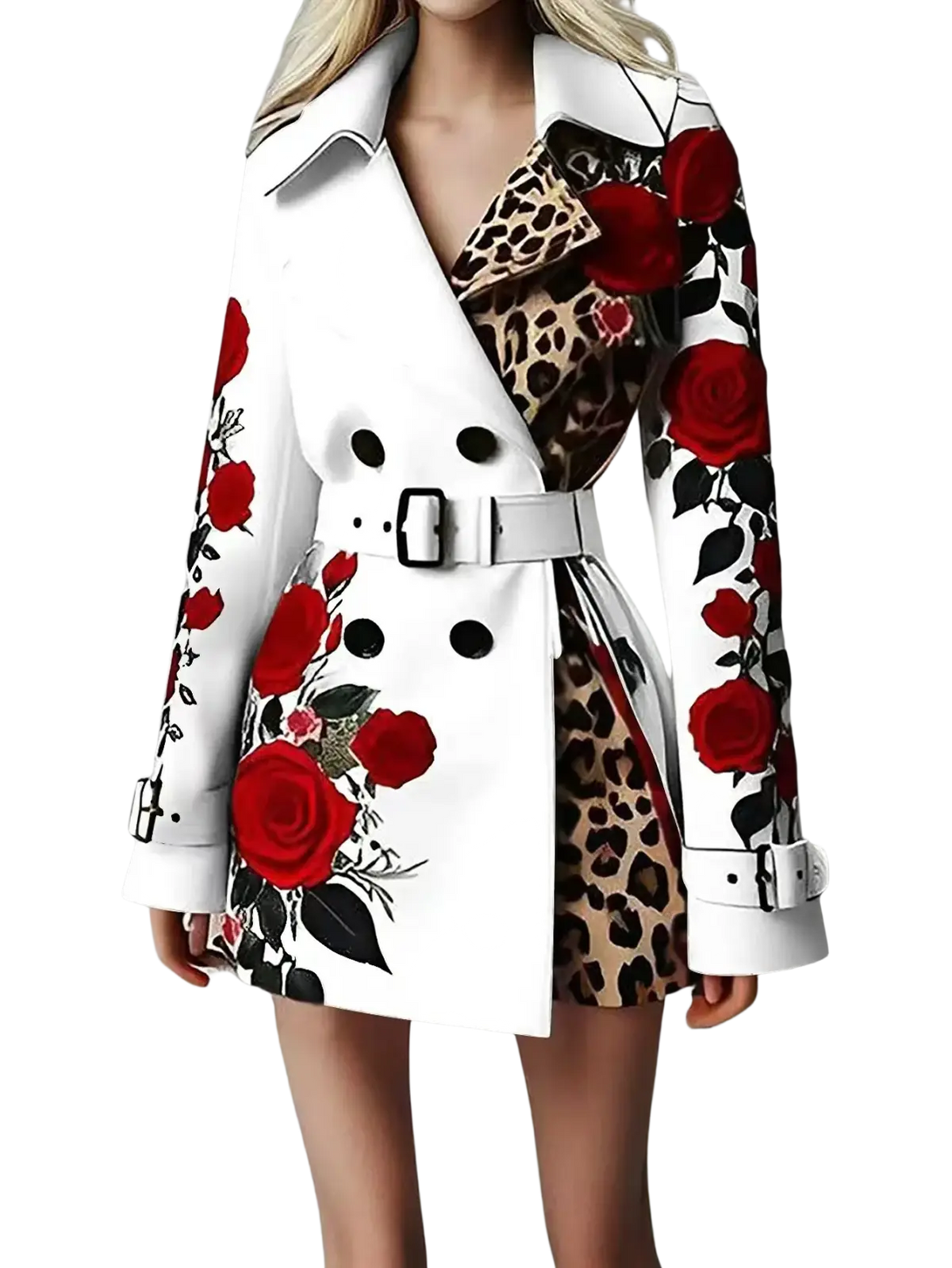 White belted trench coat with bold red rose prints and leopard print panel at the collar for stylish outerwear