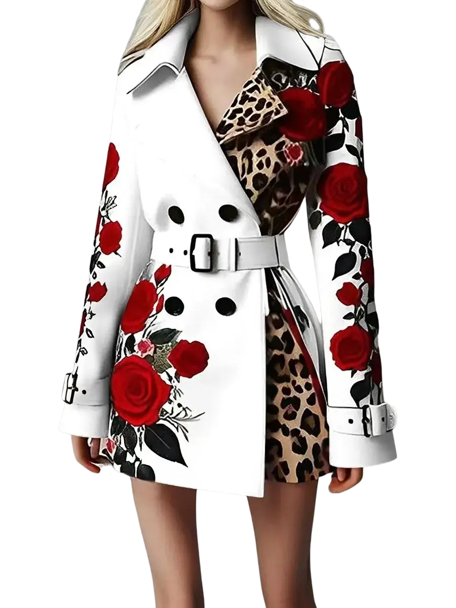 White trench coat with bold red rose and leopard print patterns black buttons and matching belt in front view