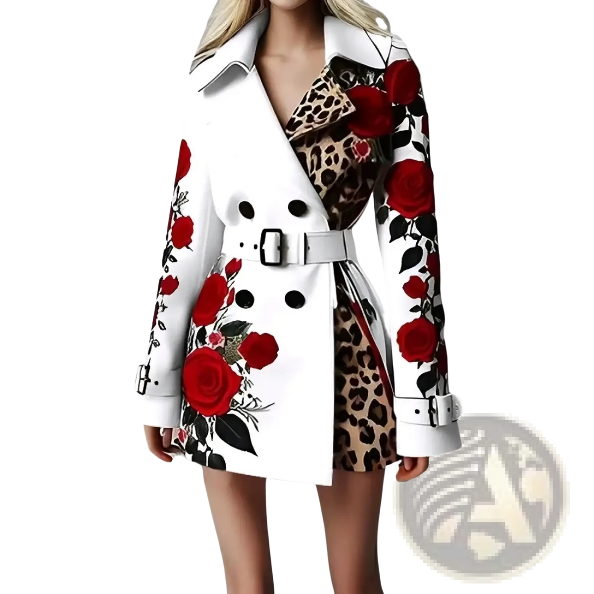 White trench coat with bold red rose and leopard print design featuring black buttons and a matching belt