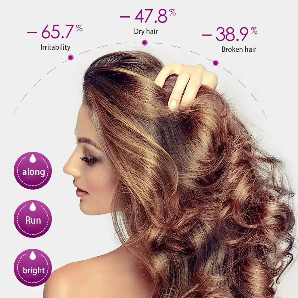 Rose oil capsules shown with lustrous voluminous brown wavy hair featuring subtle highlights for frizzy hair care