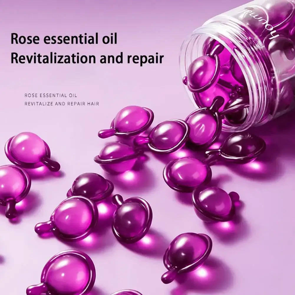 Purple rose essential oil capsules in a clear glass jar for repairing frizzy hair with nourishing oil capsules