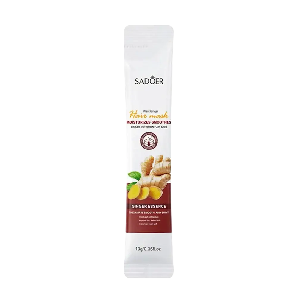 Sadoer oil capsules rose oil capsules for frizzy hair in a white and maroon pouch with fresh ginger root images