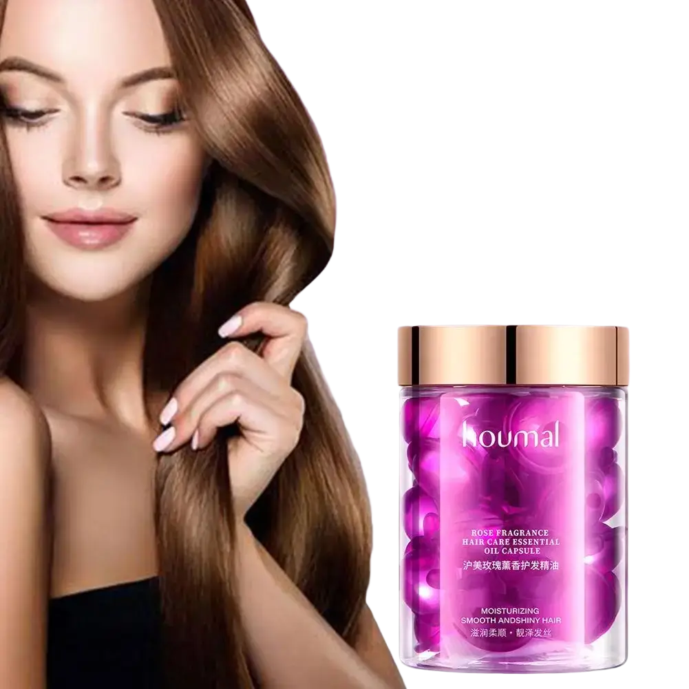A transparent bottle with a gold cap contains purple gel noumal hair vitamin oil capsules for frizzy hair care