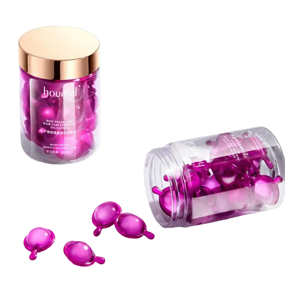 Violet glass oil capsules for frizzy hair in a clear cylindrical container with rose gold lid branded bounal