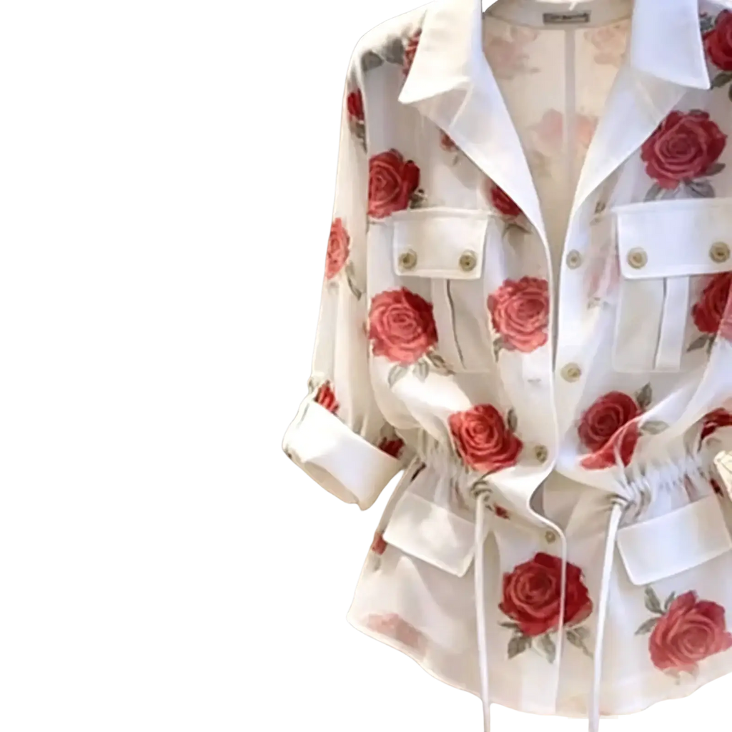 White sheer blouse with bold red rose print green leaves gold-toned buttons and matching drawstring waist