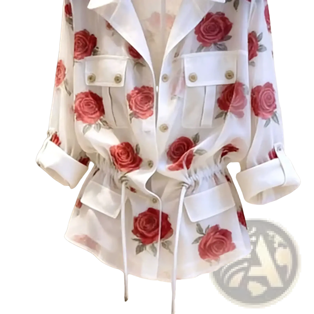 A sheer white blouse with vibrant red rose print, buttoned flap pockets, and rolled cuffs