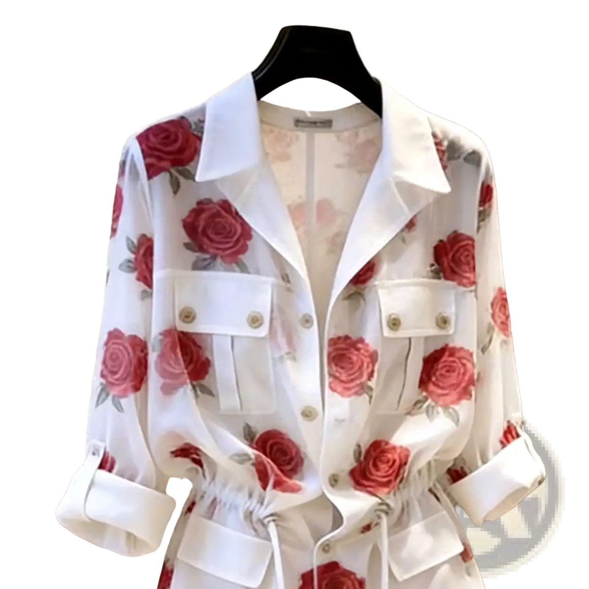White sheer blouse with vibrant red rose print and buttoned flap pockets in a lightweight fabric design