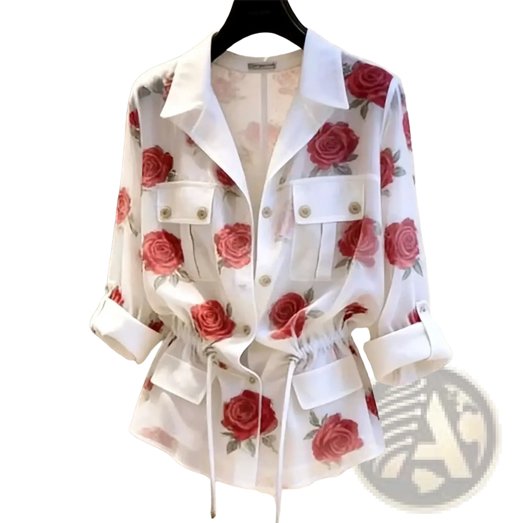 White sheer blouse with red rose print and buttoned flap pockets showcasing elegant lightweight design