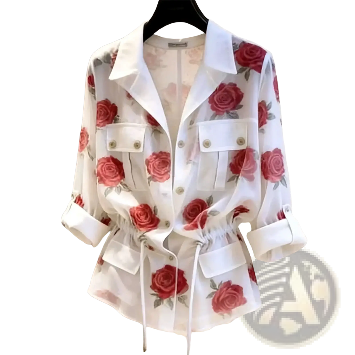 White sheer blouse with red rose print and buttoned flap pockets showcasing elegant lightweight design