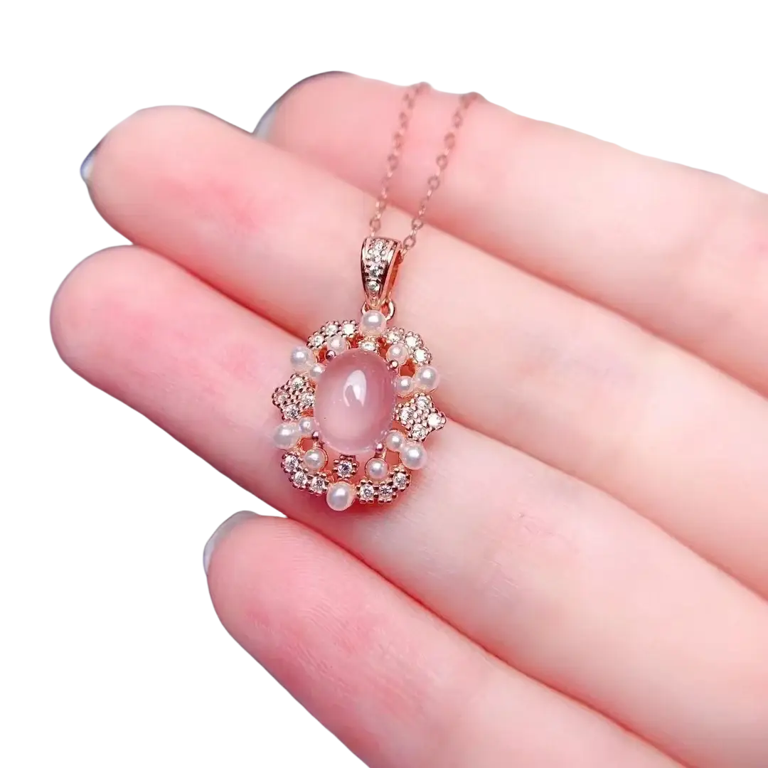 Rose quartz sterling silver jewelry set with a rose gold pendant featuring pink jade stone diamonds and pearls