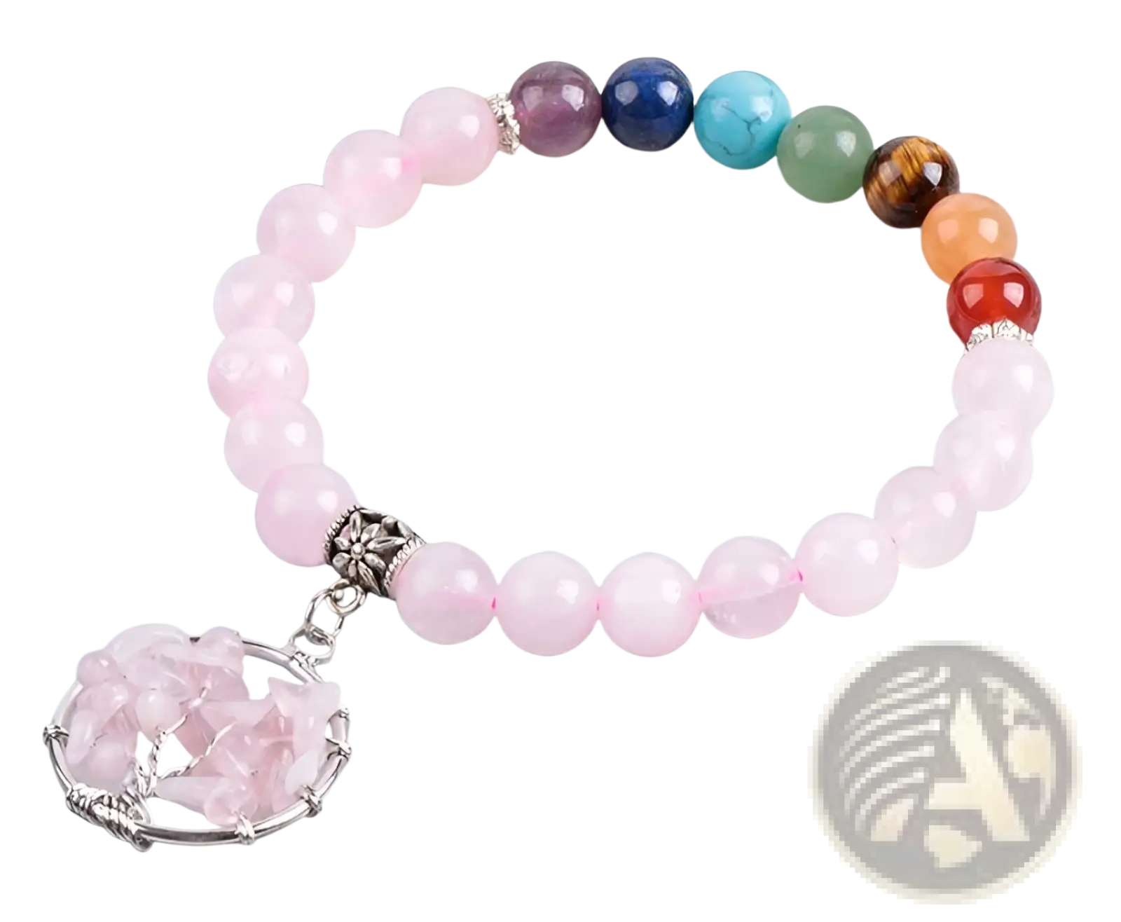 A delicate pink rose quartz bracelet with a tree of life charm and seven chakra-colored beads accented in silver