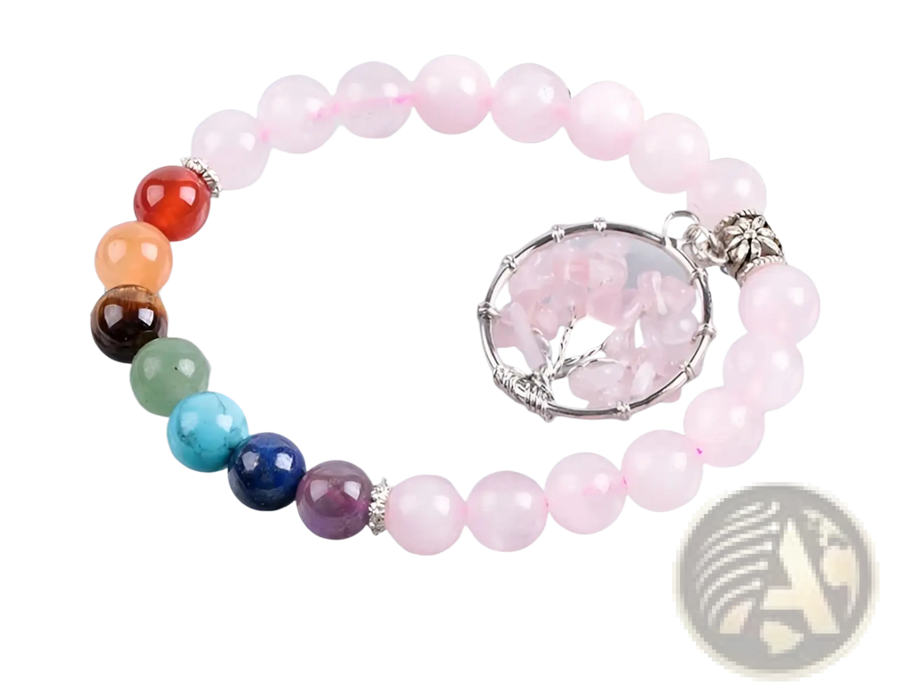 Rose quartz tree of life chakra beaded bracelet with delicate pink stones silver-toned charm and colorful chakra beads