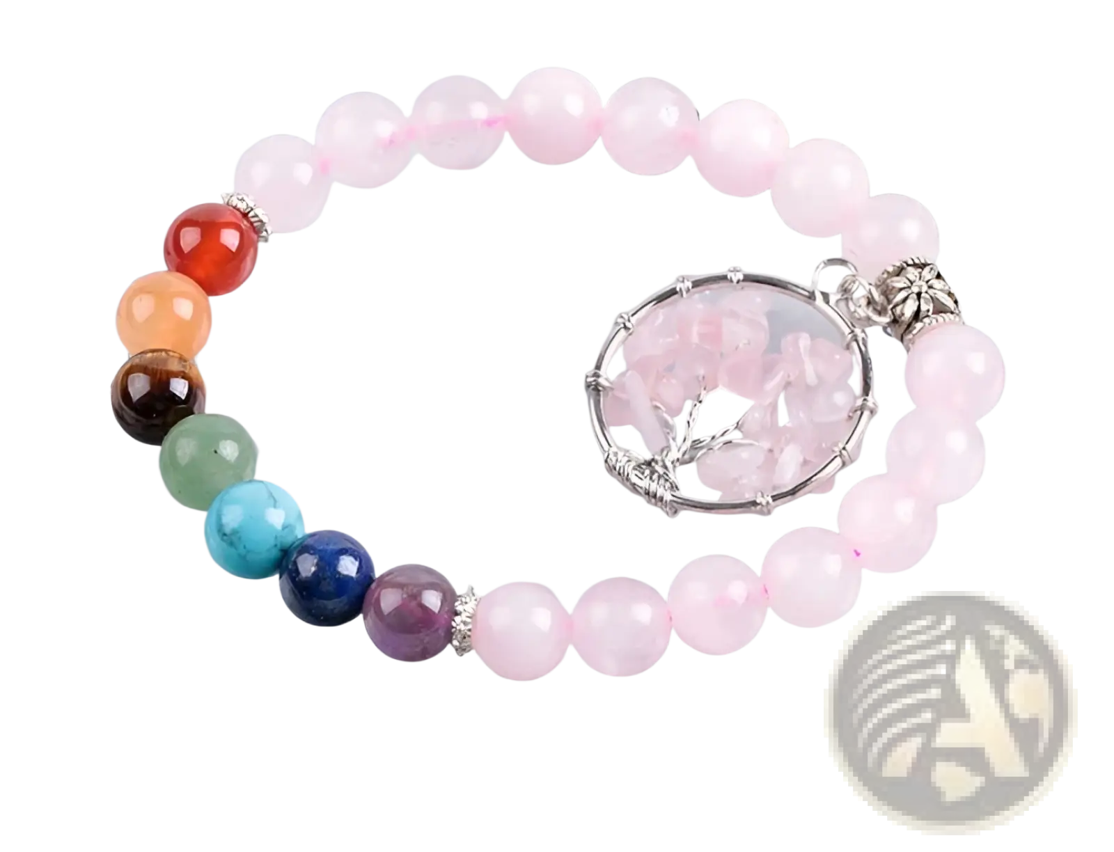 Rose quartz tree of life chakra beaded bracelet with delicate pink stones silver-toned charm and colorful chakra beads