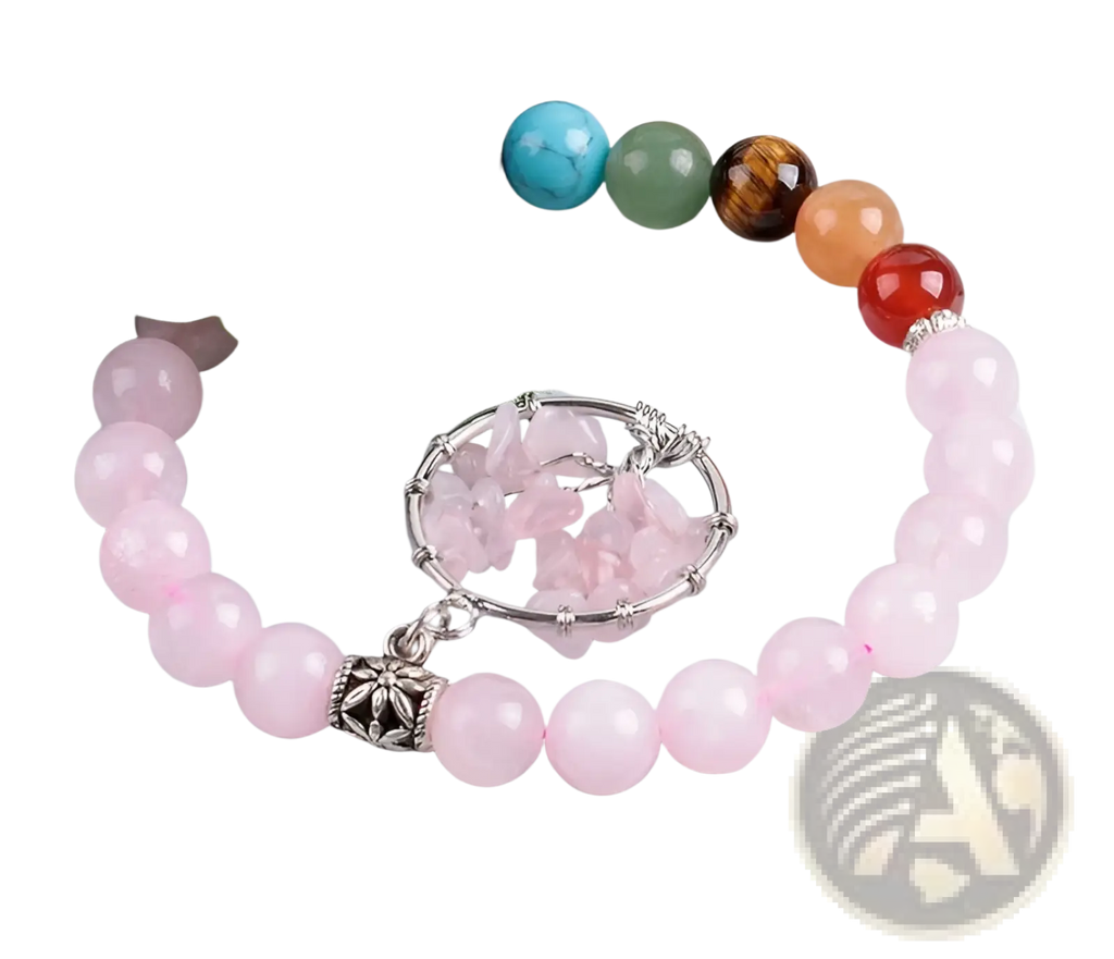 Rose quartz tree of life chakra beaded bracelet with pink beads silver charm crystal fragments and floral clasp