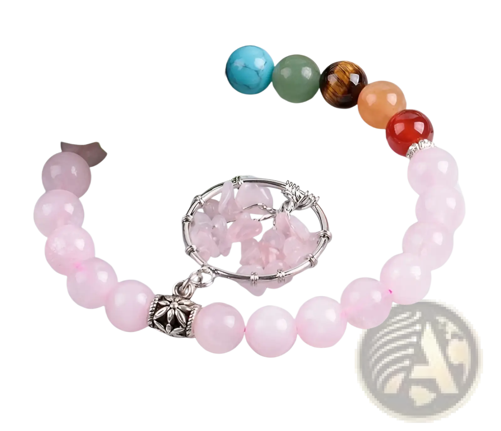 Rose quartz tree of life chakra beaded bracelet with pink beads silver charm crystal fragments and floral clasp