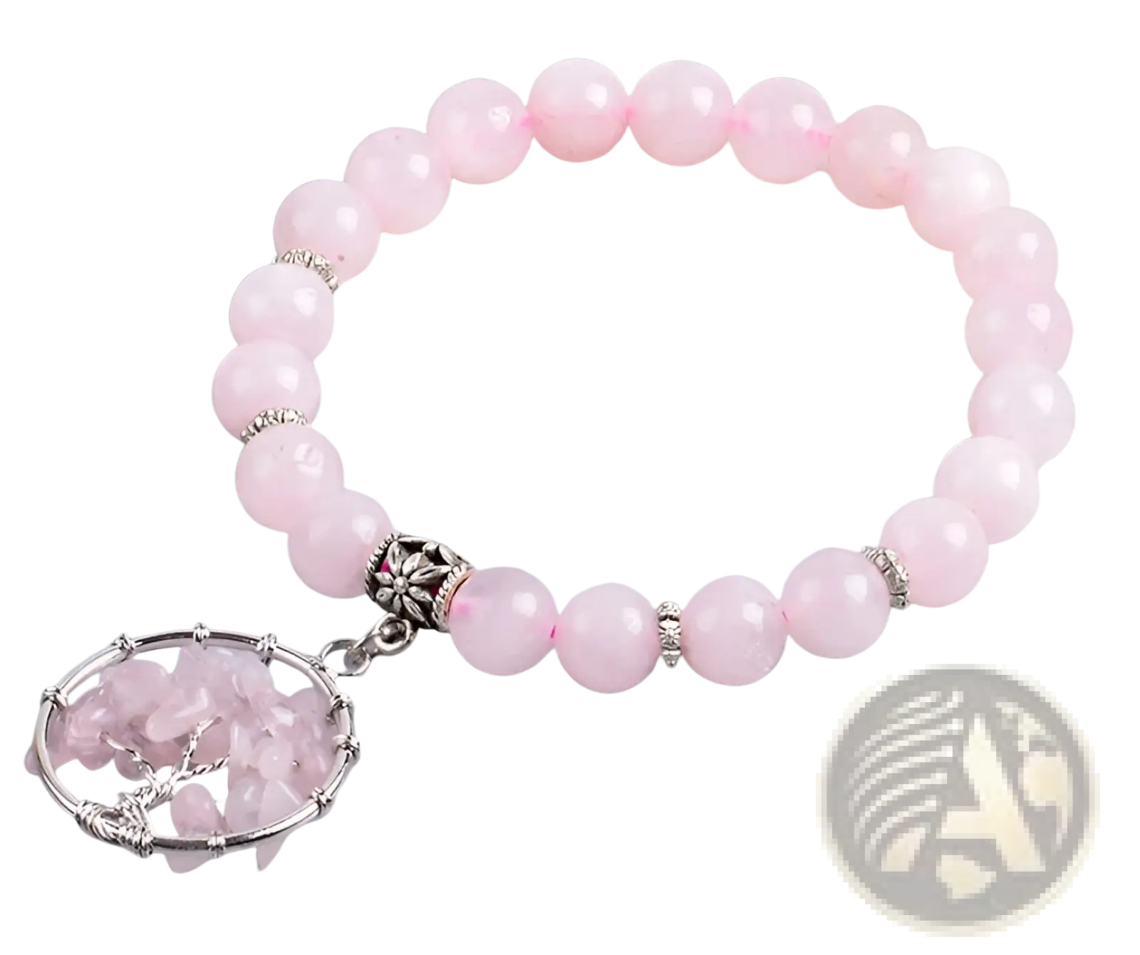 Rose quartz tree of life chakra beaded bracelet with delicate pink beads and a silver-toned crystal charm
