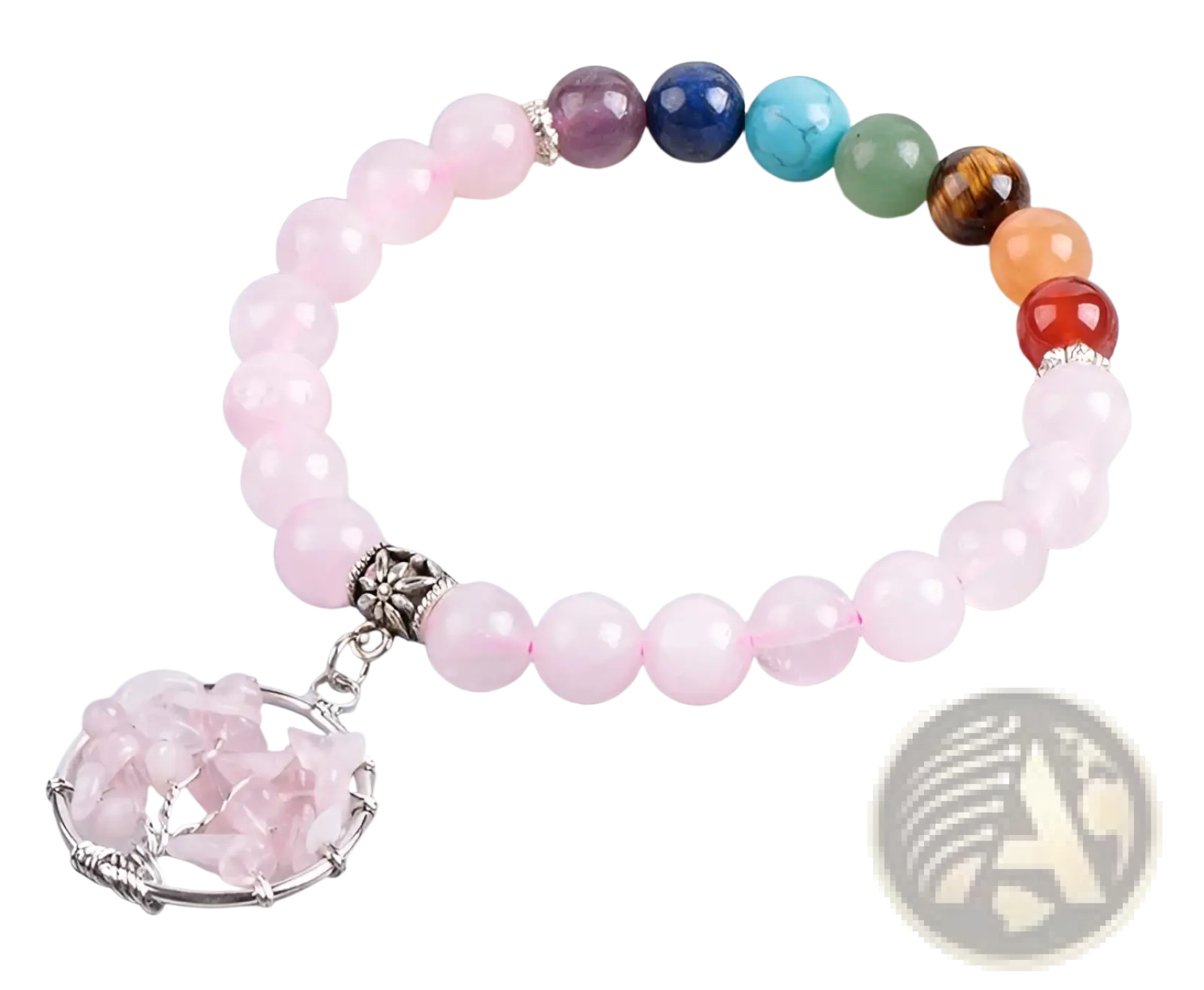 A delicate pink rose quartz bracelet with a silver tree of life charm and seven colorful chakra gemstone beads