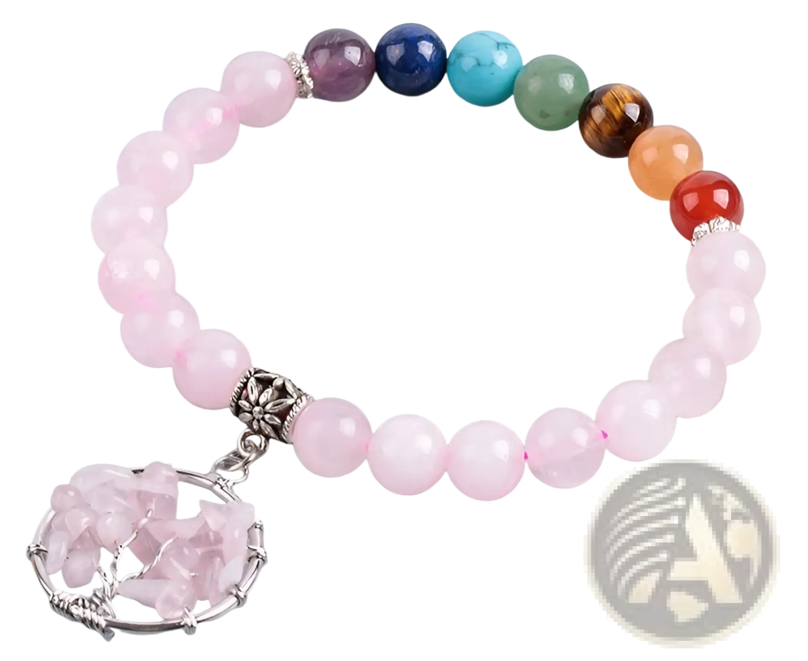 A delicate pink rose quartz beaded bracelet with a silver-toned tree of life charm and colorful chakra gemstones