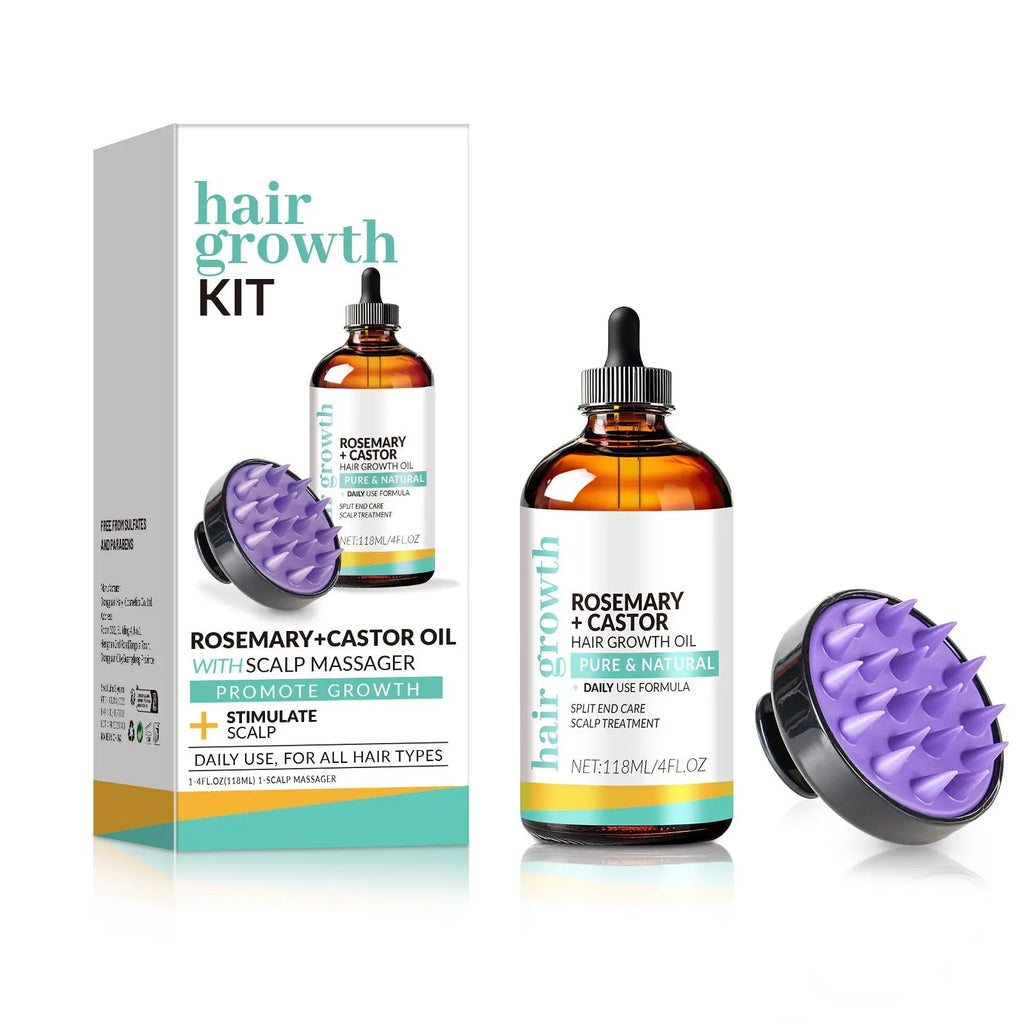 Rosemary castor hair growth oil in an amber glass bottle with black dropper and purple silicone scalp massager head