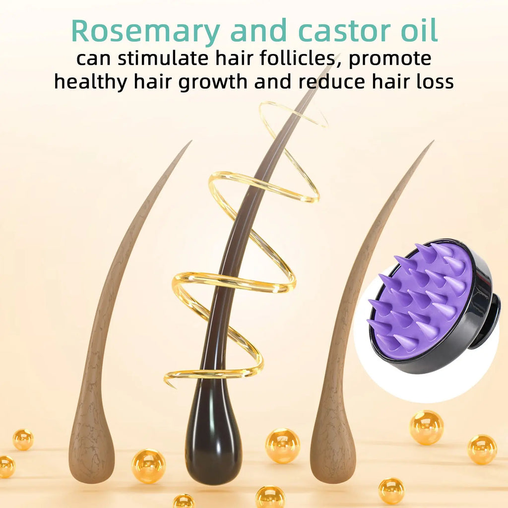 Purple and black scalp massager with spiked head for hair growth alongside rosemary castor hair growth oil 118ml treatment